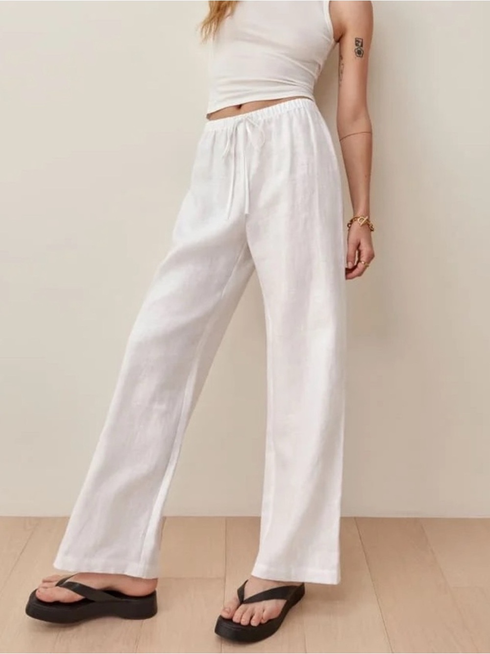 Reformation Olina White Linen Straight Leg Pants Petite Short Length
